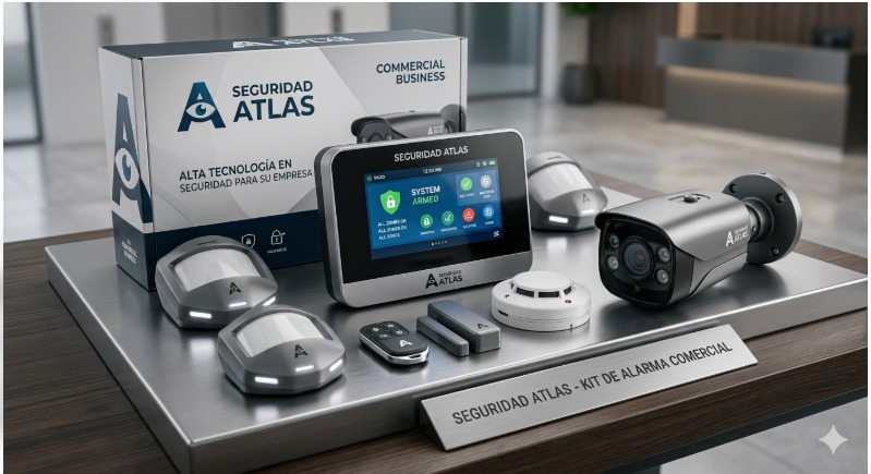 Kit de alarma comercial Atlas Seguridad con panel táctil, cámara, sensores y detector de humo